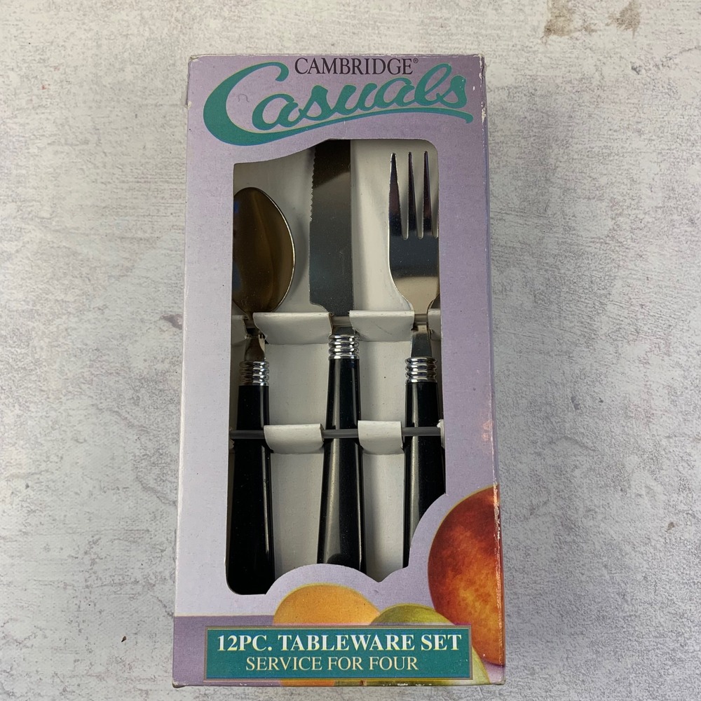 Cambridge Escapade Black 12pc Stainless Steel Flatware Set Service for 4 New Box